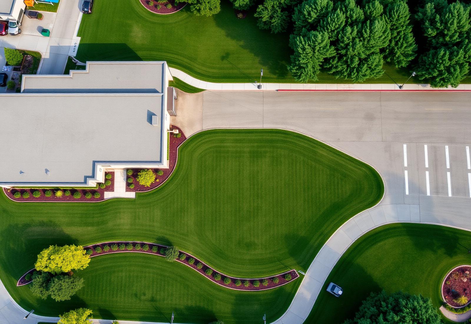 Aerial view of a manicured commercial property serviced by ACPS