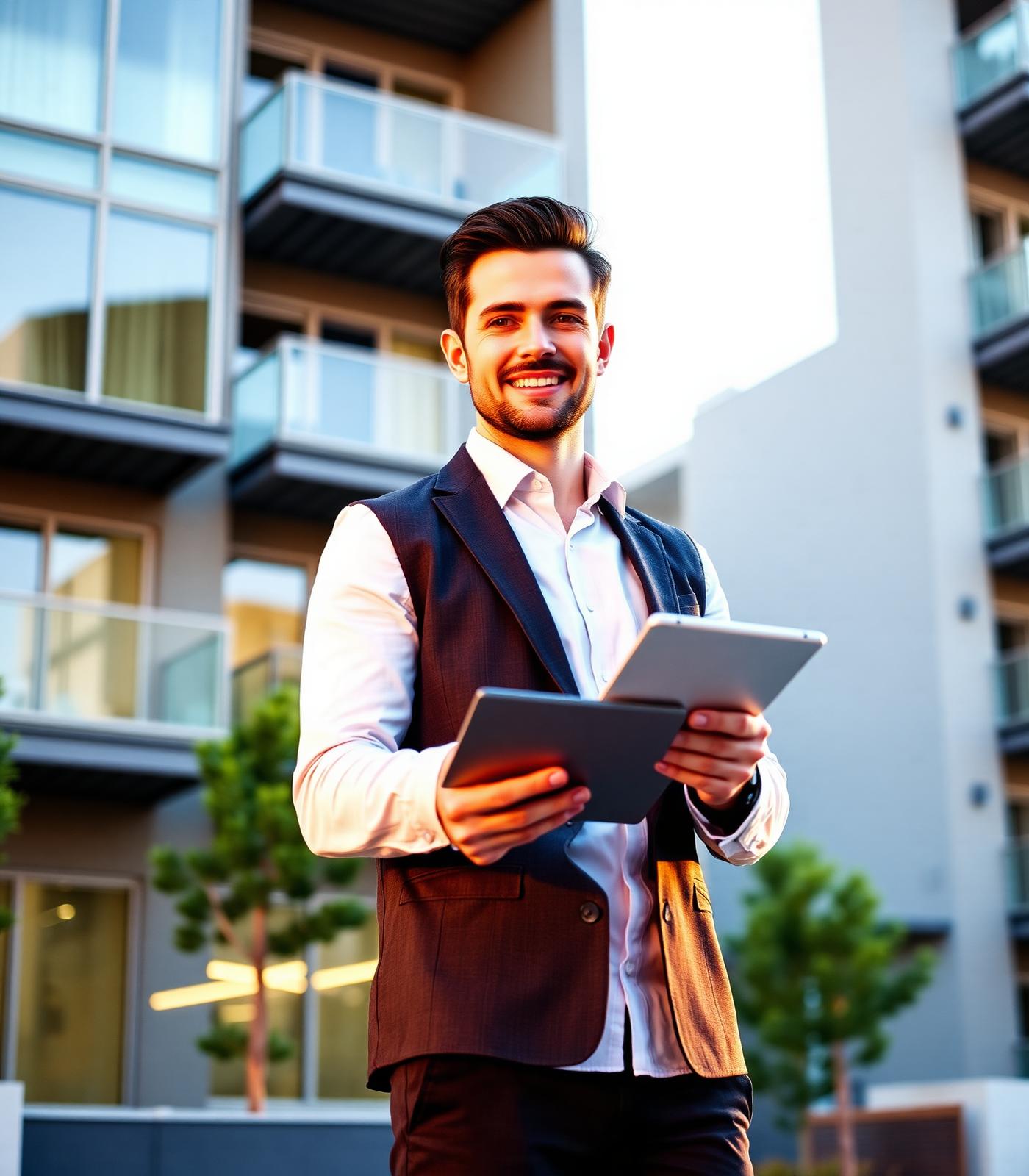 Property manager using ACPS digital project tracker outside an apartment building